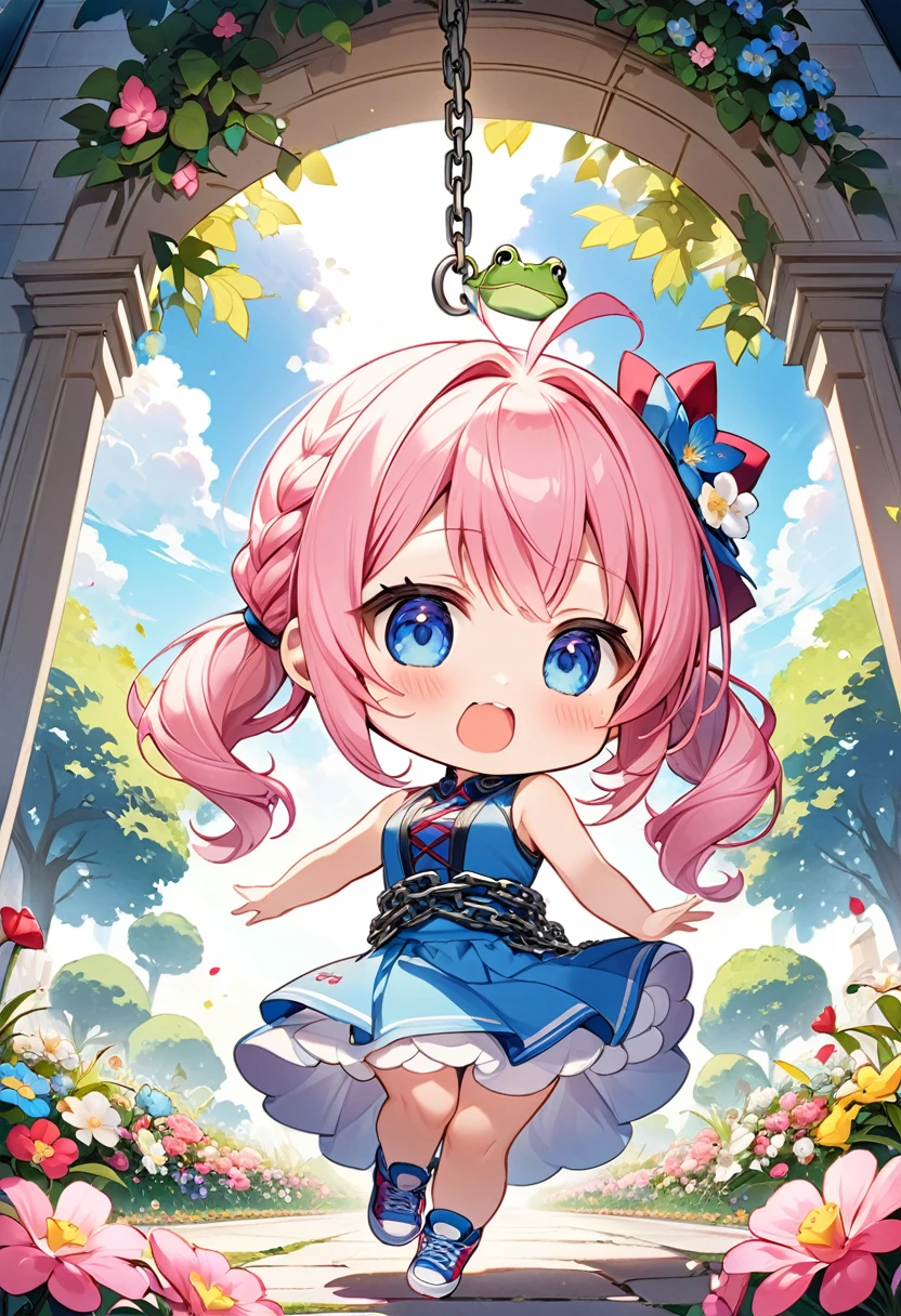Highest quality、High resolution、Detailed Background、Beautiful face in every detail、Anatomically correct、Detailed facial expressions、fine grain、((full body, from below:1.5, looking viewer:1.2)), break　((One Girl:1.5)、((Chibi Girl:1.5)))、Bright pretty hair color、Big beautiful blue eyes、Fuller lips、Pink Lips、Braided twintails、Ahoge、break　((Entangled in chains:1.5、Floating in the air:1.5))、(Cute sleeveless shirt、Cute Skirt、Cute sneakers、Cute hair accessories)、break　(Surprised expression、I have tears in my eyes、Open your mouth to the middle)、break　((The park entrance is in the background、flower bed、Frog))