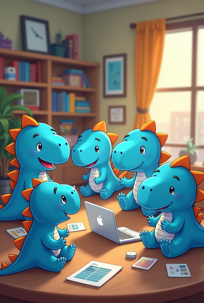 create 7 cute chubby blue baby dinosaurs working in marketing with a human with black hair and white skin very cute, chubby guy working on a macbook, cute cartoon style like disney pixar