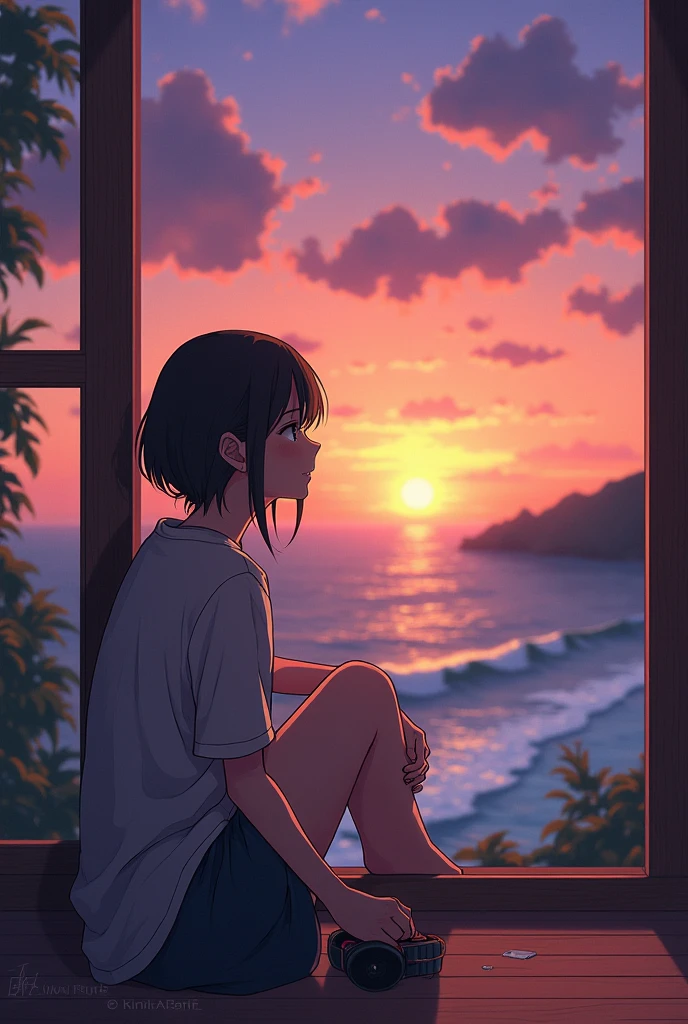 「A girl sitting by a window overlooking the sunset and waves。She holds the headphones in one hand、With his eyes half-closed, he looks like he's asleep。The girl is enjoying a calm atmosphere while listening to music、A pleasant breeze comes in through the window and stirs my hair。Outside the window、A beautiful purple and orange gradation of the sunset and waves spread out.、It depicts a fantastic Ghibli-style landscape.。」