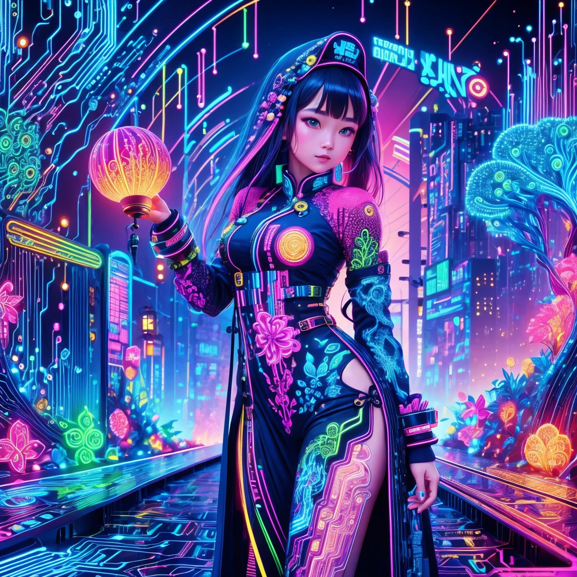 (neon)，circuit board，(1 girl:1.3)，extremely detaild，(Fractal Art:1.2)，rich and colorful，the most detailed，(zentangle neon:1.2)，(dynamic poses)，(neon几何背景:1.5)，(traditional outfit:1.2)，(shining skin)，(many colors:1.4)，trunk，(ultra HD, work of art, precise, anatomically correcte, texturized skin, high détail, high qualiy, The awardee, 8k)