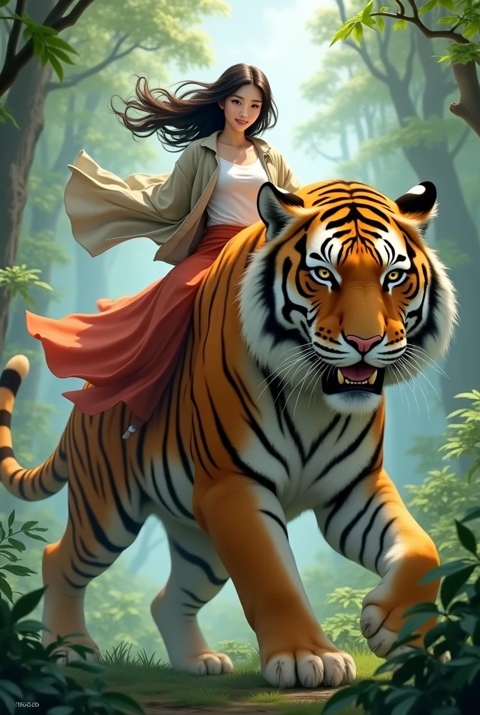 1 beautiful Korean adult woman,senyum,rambut panjang tertiup angin.wear a t-shirt,jaket,dan velana panjang.white shoes. riding a giant tiger in the jungle, very big tiger, tampak depan, facial details.
