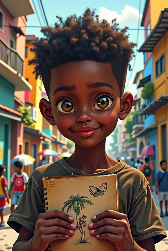 a black male child from the favela who has faith and is a dreamer in drawing 