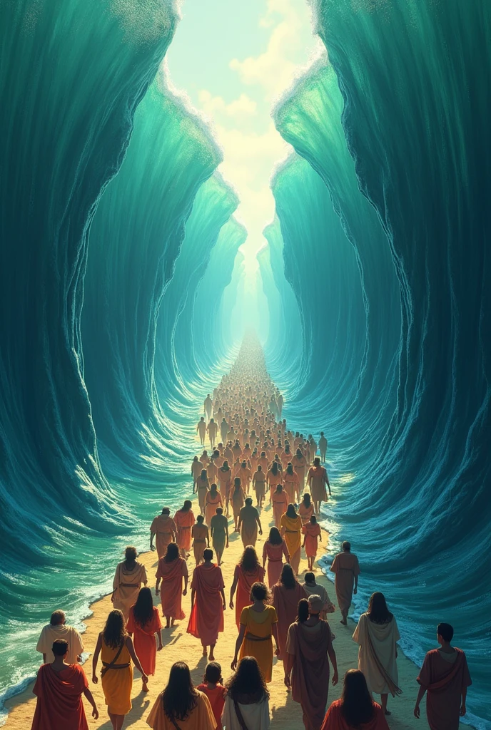 Show it from a clip of Mt
The sea is divided into two high walls of water on both sides. The water should appear as impressive three-dimensional structures with gently curving, towering waves. The walls should have visible textures and reflections.
Add effects of glowing light rays in the water, with vibrant blues and greens.
A clear and dry path runs between the walls of water. The surface should look smooth, like desert terrain or dry land, with a slightly sandy or rocky texture.
Add thousands of people walking through the dry passage. The characters should be depicted in Pixar's signature style, with exaggerated features and bright colors. Include men, women and children, all in motion, conveying a sense of urgency and hope.
Add details such as simple, period-appropriate clothing and items they might carry. The face should reflect emotions such as awe, relief and determination.
Lighting and shadows:
Use soft, warm lighting to create a dramatic atmosphere. Add shadows that emphasize the towering walls of water, the dry passage and the figures of the Israelites crossing.
Include subtle water splash effects near the base of the water walls to emphasize the dynamic nature of the scene.