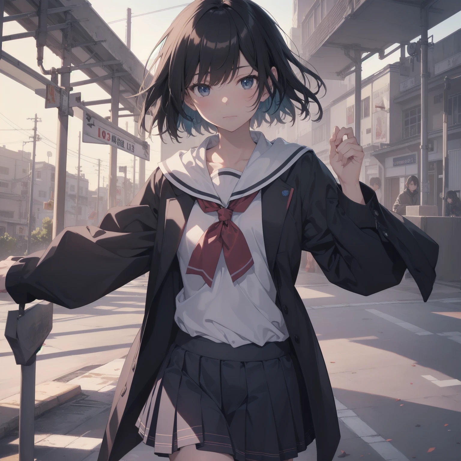 ultra-absurdres-Top quality by artist God, ultra-detailed, high resolution, anime moe artstyle, best anime 8k konachan wallpaper, pixiv contest winner, pool:2810, perfect anatomy,break, 1girl, (Please draw a girl walking sleepily to school alone. )break,(Solo,little female,:1.3),Full limbs, complete fingers,a junior high school student, (very short hair), short cut, flat chest, , small buttall black eyes, beautiful detailed eyes, well-proportioned iris and pupils, expressive eyes, highres detailed hair, soft expression, salor school_uniform, sailor collar, serahuku, bow, pleated skirt,(Detailed Lighting), (Detailed background), in the School commute route. break,super detailed skin, Best cinematic lighting powered by famous artist, 8k,beauty illustration,photoshop_(medium),very aesthetic,break,((artist:mery_(yangmalgage) )), artist:clamp ,artist:carnelian ,artist:kantoku ,