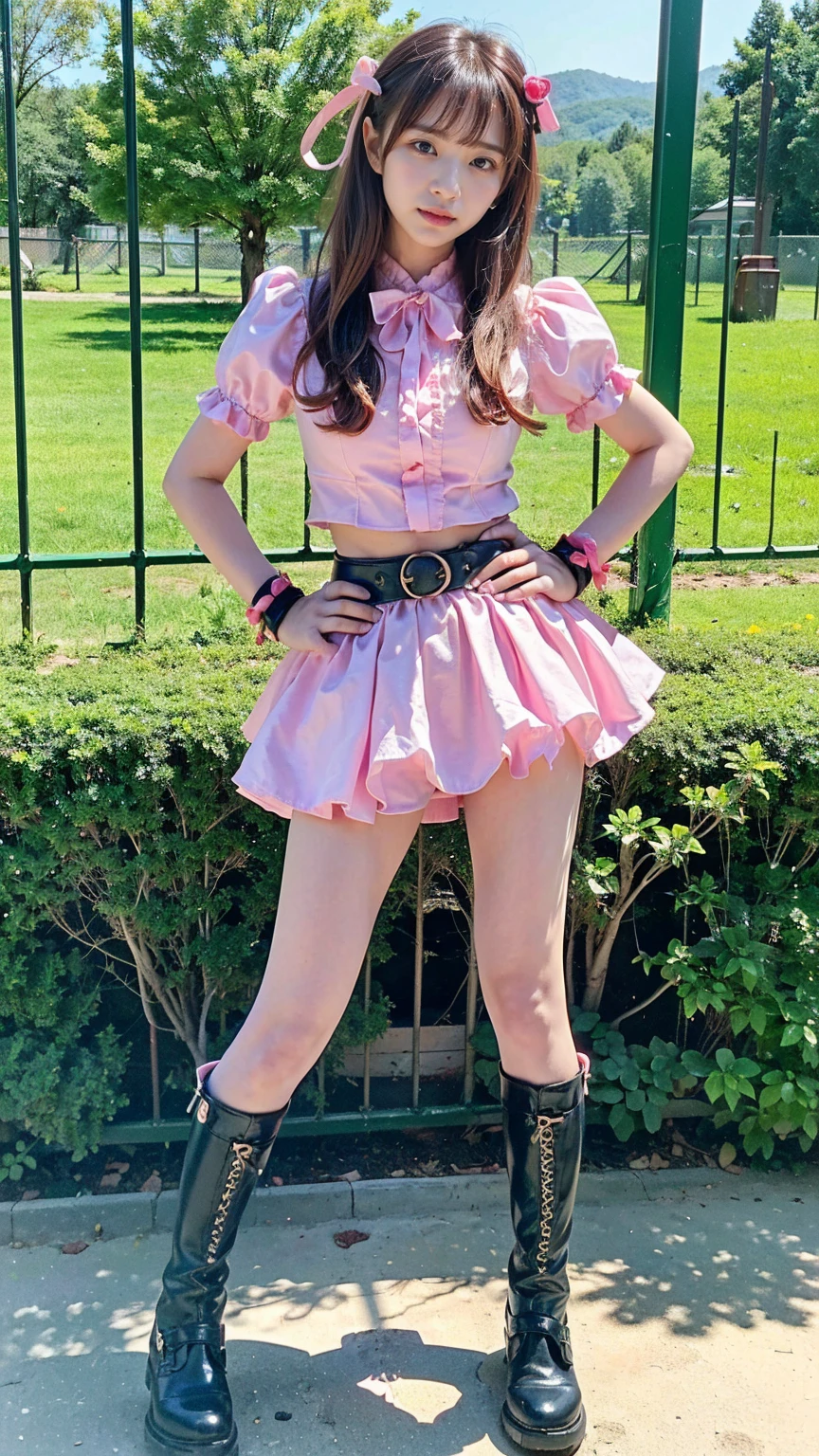 (8k、RAW Photos、Highest quality、masterpiece:1.2)、(Realistic、Realistic)、1 person、((Black and Pink、garden、ribbon、Frills、mini skirt、Thin legs、whole body、boots、View from the front、Looking into the camera、Stand with hands on hips))、cute