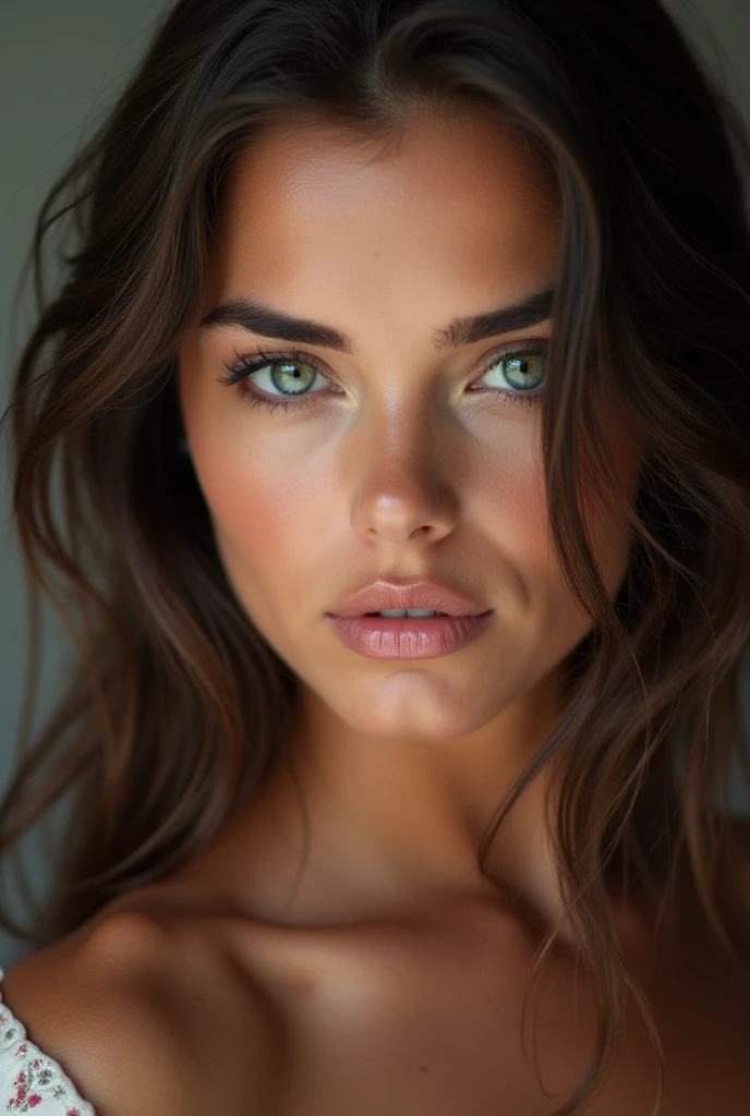 brunette woman, visage clair, Face details, une jolie fille, shy, Facing the camera, Seductive green eyes, Italian types