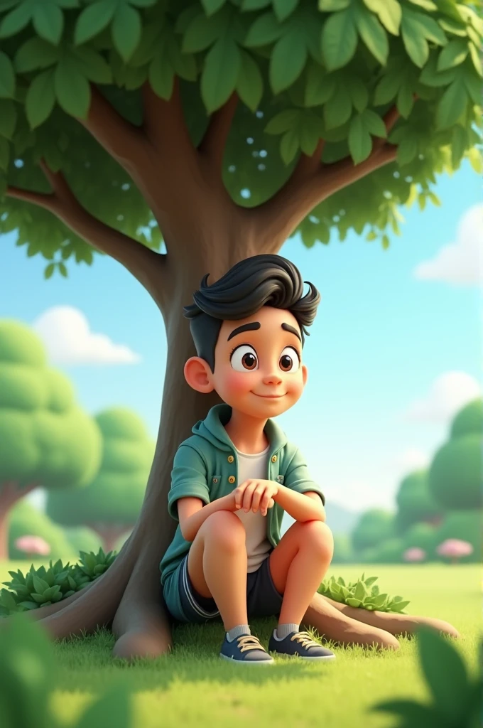 18+young tall boy sitting under a tree ai 3d image cartoon type
