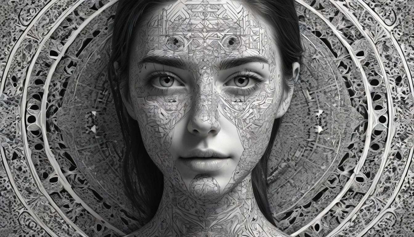 a woman with a black and white pattern on her face, stunning digital art, complicated digital art, 3 d digital art, 3d digital art, complicated digital artwork, Advanced 3D digital art, amazing detailed digital art, digital complicated art, Detailed 3D digital art, amazing digital art, 4k symmetrical portrait, 4k symmetrical portrait