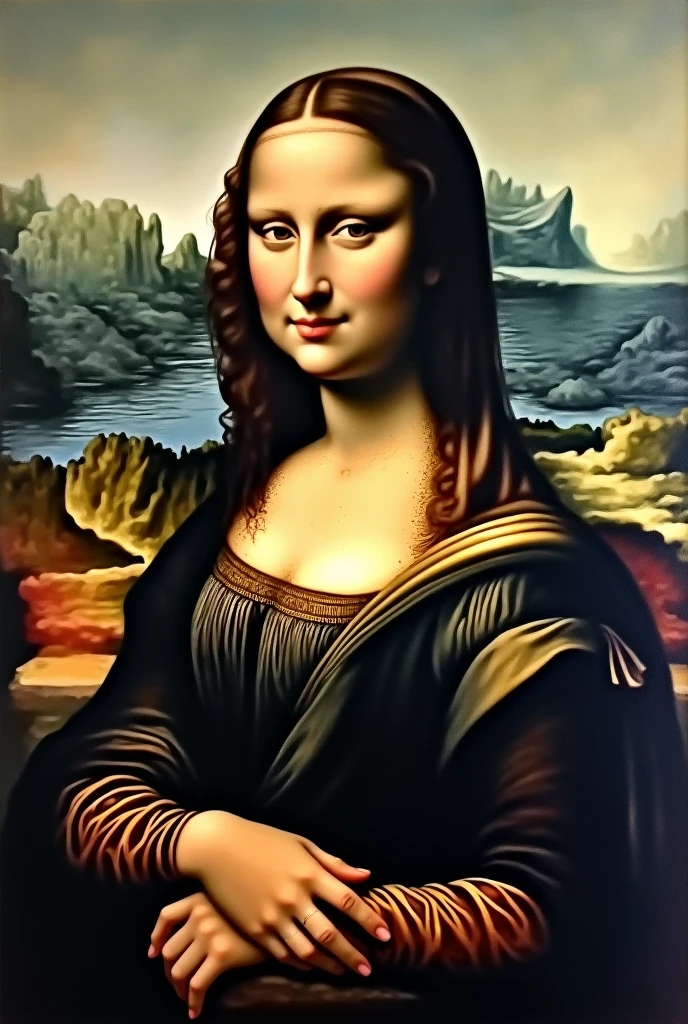 Create a modernized version of Leonardo da Vinci’s "Mona Lisa" portrait. Retain the iconic features, such as her calm expression and mysterious smile, but infuse the piece with contemporary aesthetics. You may include modern elements like updated clothing, a futuristic setting, or digital technology motifs. Perhaps she is wearing a minimalist, stylish outfit or is surrounded by modern urban landscapes. Strive to maintain a balance between the original artwork and innovative interpretations that reflect the spirit of the 21st century.