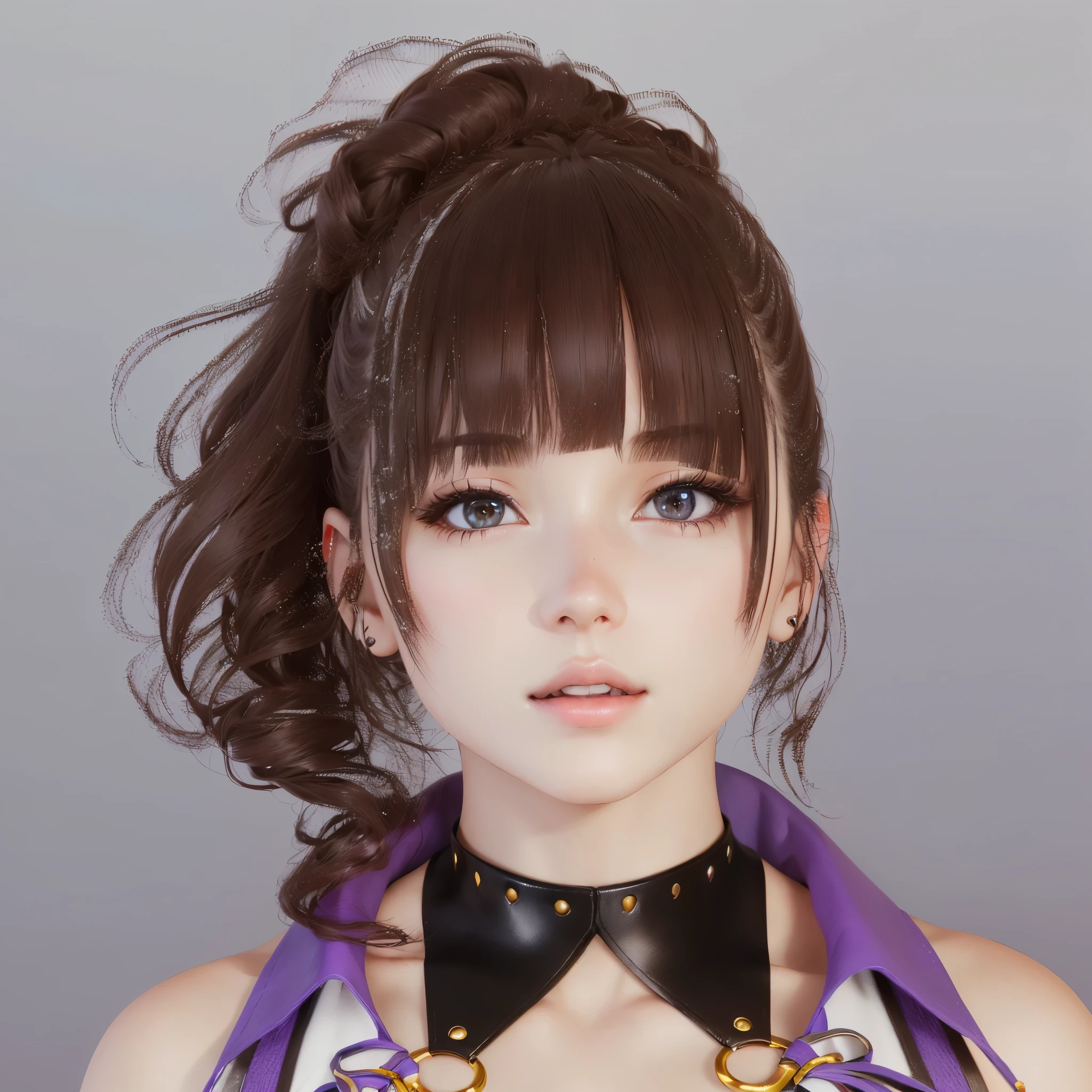 There is a woman with a purple top and a black collar.。, 8K Portrait Rendering, Cute 3D anime girl render, Photorealistic Anime Rendering, Has a very detailed face, 8k highly detailed face, 3D Anime Real, Highly detailed characters, Highly detailed facial anime, Anime-style 3D, realistic young anime, 8k octa-rendered photo