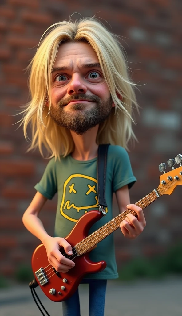 3d kids caricature, a man who looks like kurt cobain, wearing a t-shirt that says "Nirvana", playing the guitar, brick wall background