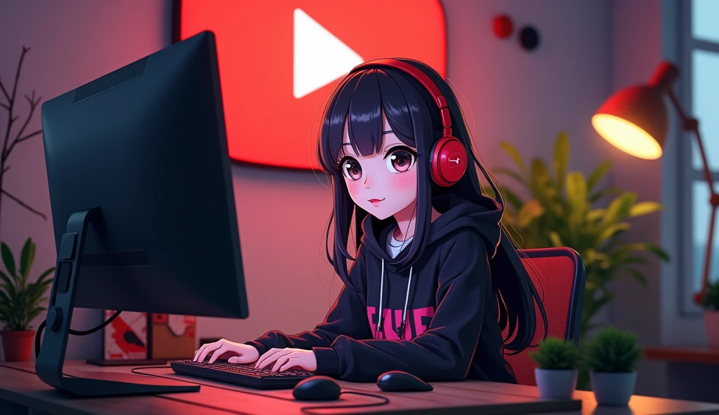 Create a image of "A 18 years anime girl with headphones sitting in front of a computer desk with a microphone, wearing black and red hoodie. The background includes a large YouTube logo on the wall, potted plants on either side, and various recording equipment."