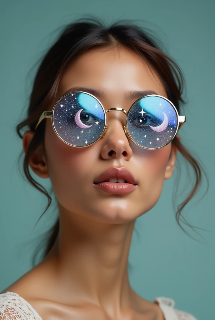The model is wearing glass sunglasses with stars and the moon on the glass