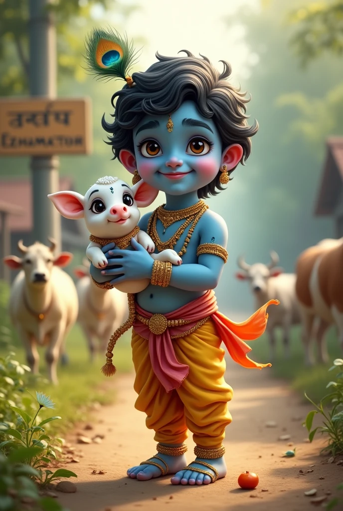 Cute little blue krishna with smiling face looking towards screen and holding a cow baby with his hand and standing in a village.Village name EZHUMATTOOR is highlighted in road sign board. There are some baby cows and peacock birds nearby