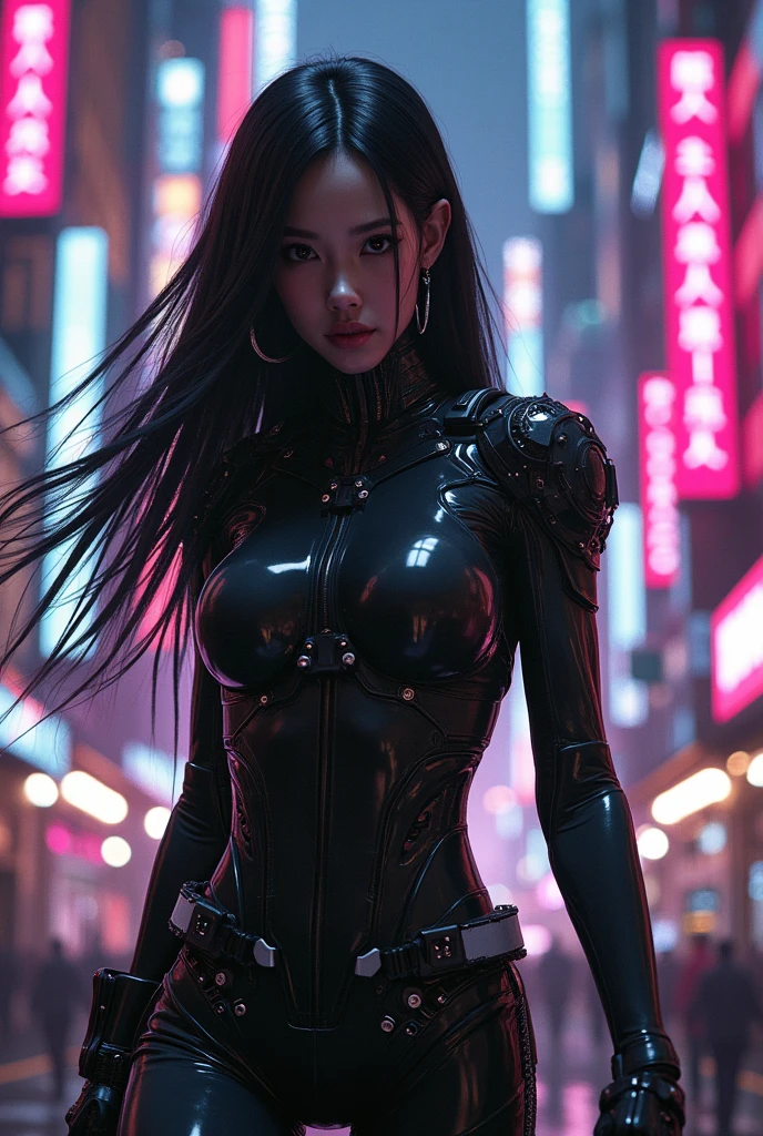 Cyborg Woman,Long black hair,Japanese,Cyberpunk City,Tokyo,Future City,dark,Pink Neon,train,