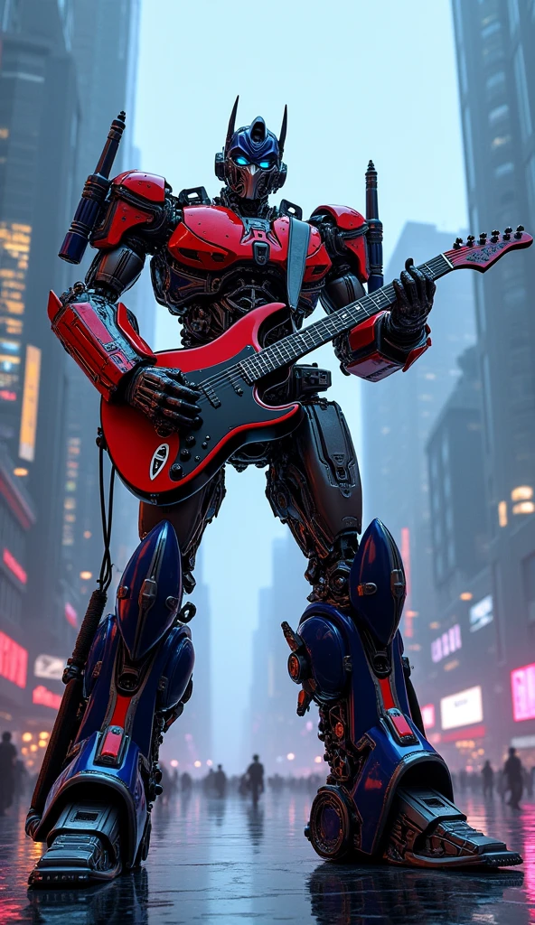 Optimus Prime from movie transformer playing guitar electric on stage,, ((cyberpunk style)), Hi-Tech city, mechanical enhancement, (high-tech fantasy), robotics, blade runner 2049