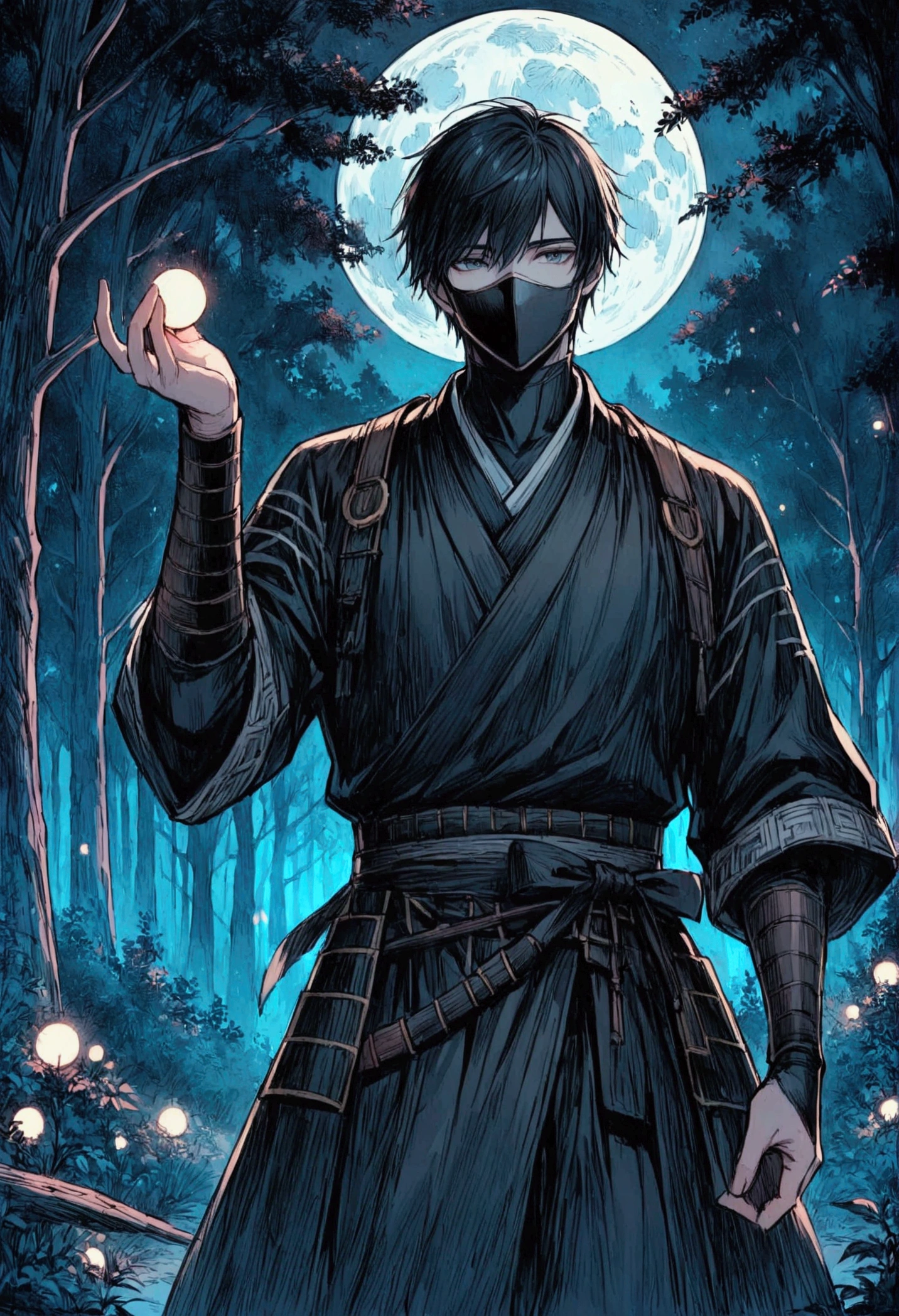 A guy who look a samouraï with black mask, a bow on his left hand, and look in front of him, on a forest with the moon behind him
