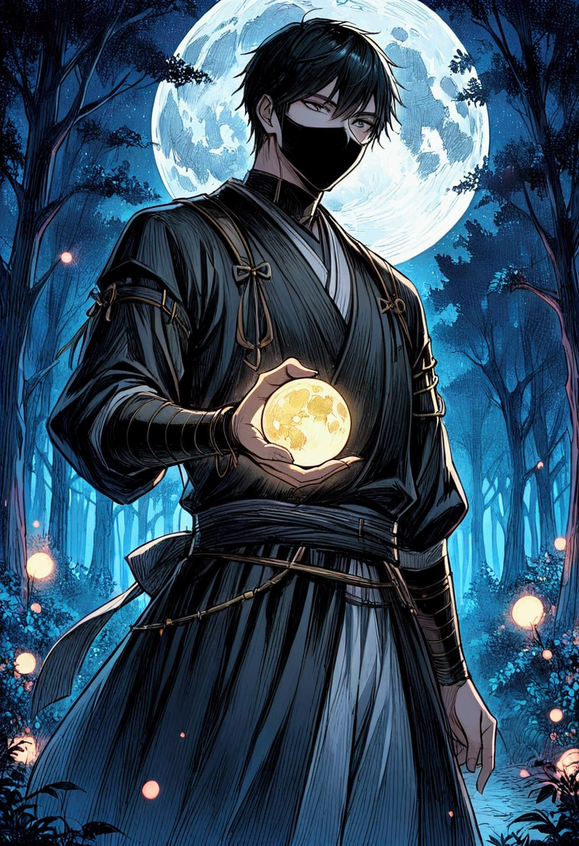 A guy who look a samouraï with black mask, a bow on his left hand, and look in front of him, on a forest with the moon behind him 