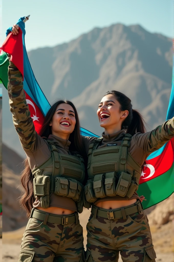 2 Azerbaijani sexy special forces girl laughing with the Azerbaijani flag in Nagorno-Karabakh