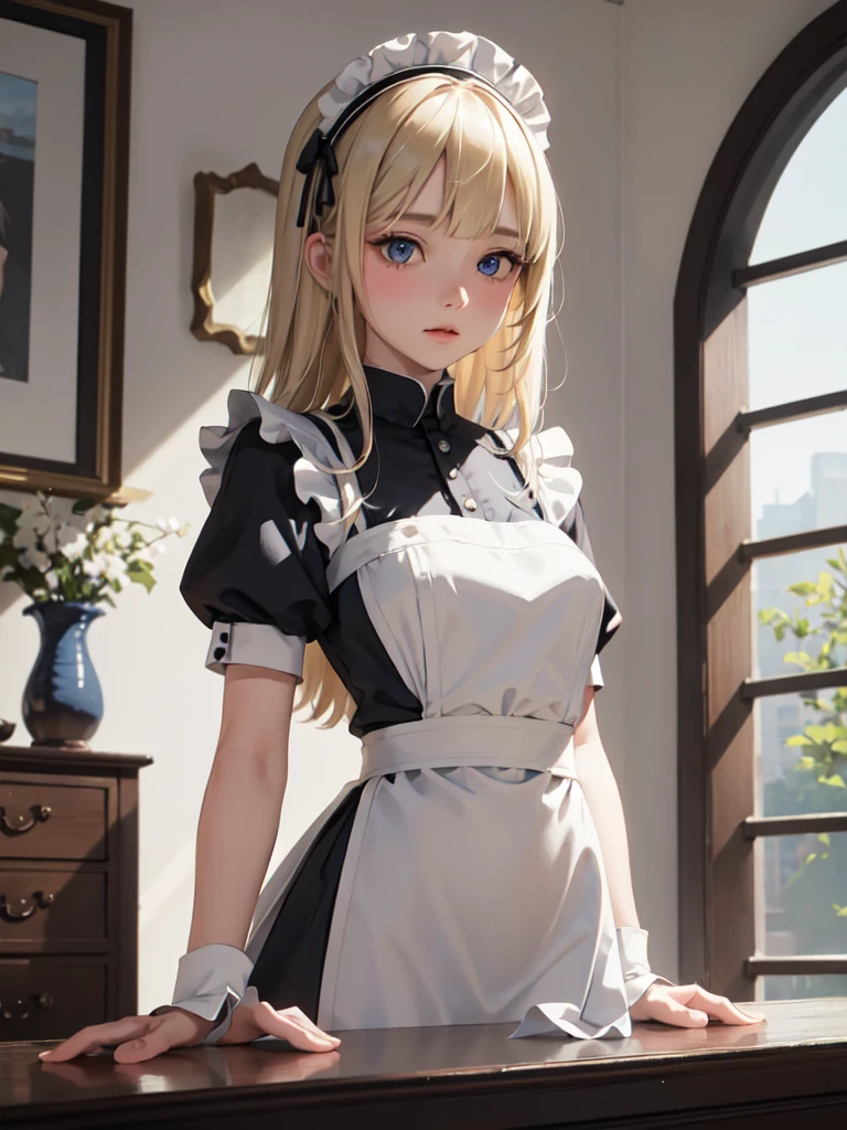 1lady, solo, young girl, , straight blonde hair, blunt bangs, Blue eyes, (Cold look), (masterpiece, best quality:1.2) delicate illustration, ultra-detailed, medium breasts, ((upper body)), (Mini skirt maid outfit), living room、A sharp expression、Maid clothes with a view of the valley、garter belt、Underwear glimpses 、The pants are black、Ecupの胸
