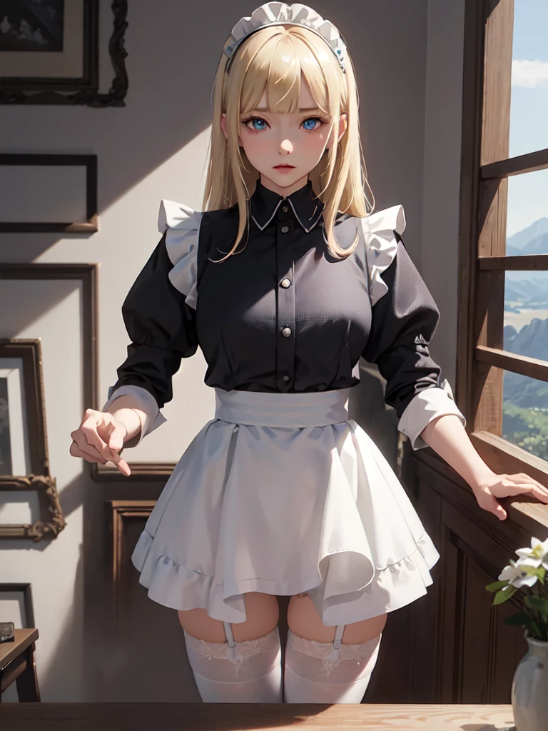 girl with, Bun hairstyle, light-colored hair、a short skirt、{{low angles}}、skirt lift by yourself、Panties are visible、White lace panties、{{Very detailed panties}}