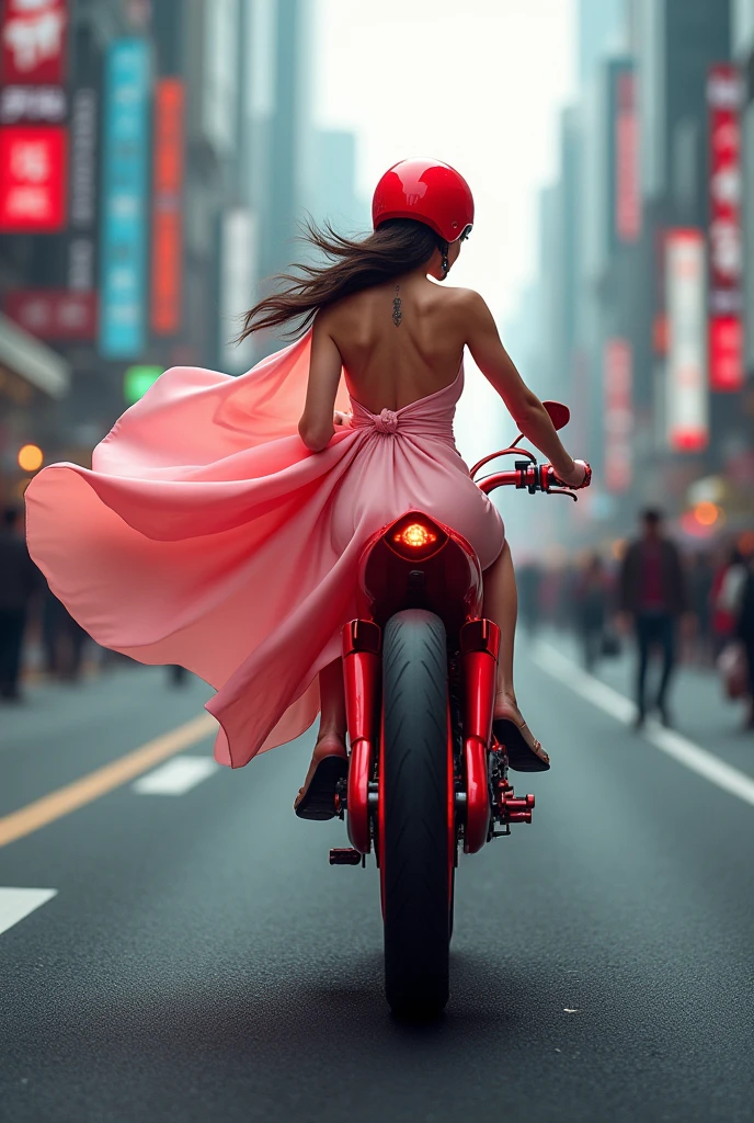 Wheeling, bike exhaust,girl riding with  red helmet,red futuristic bike, silky waving light pink dress,on black road background with sky sctpping street and crowd.