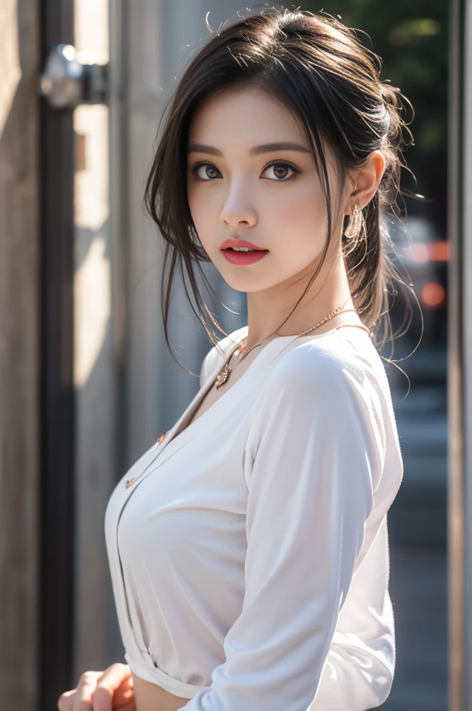 Fashion model 20 years old [[[[cleavage]]]], [[[[climaxing]]]], [[[[Cole]]]], [[[[bshoulder]]]], perfect  eyes, Perfect iris，perfect lips，perfect teeth，Perfect Skin，soft front lighting，inside modern exclusive suite room ，half-opened transparent minimalist white costume，ripped tee shirt，(4K Ultra HD, Ultra-high resolution, (realisticlying: 1.4), Best quality at best，tmasterpiece，Ultra-diluted，（pastel colour：1.2）, plump sexy, slim damp, cleavage 