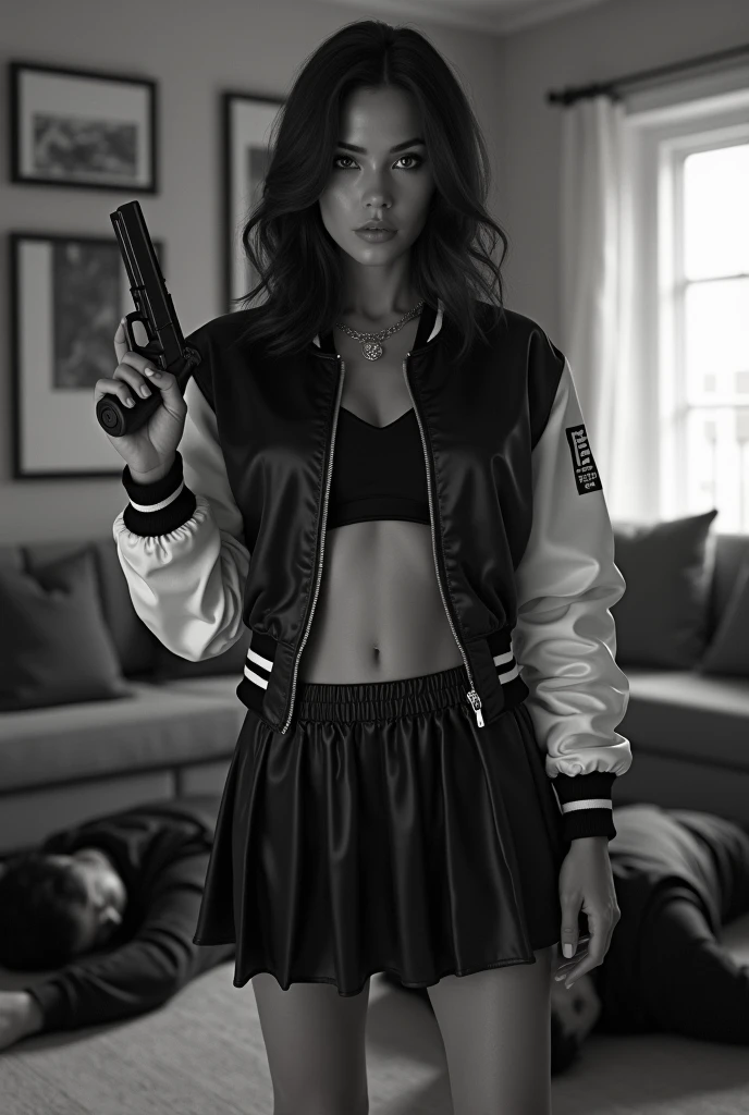 wide depth of field, wide depth of focus, f/11 lens setting, all objects in focus, full color, woman with pistol, holding glock pistol, living room background, full body image, (black and white short cropped soft shiny satin bomber jacket), zipped up jacket, pleated shiny satin mini skirt, woman posing with a pistol ,,pistol in one hand, pure form, intricate details, 8K post-production, high resolution, super detailed, Popular topics on Artstation,, Studio photos, intricate details, Very detailed, several defeated men lay on unconscious with closed eyes on the floor in the background