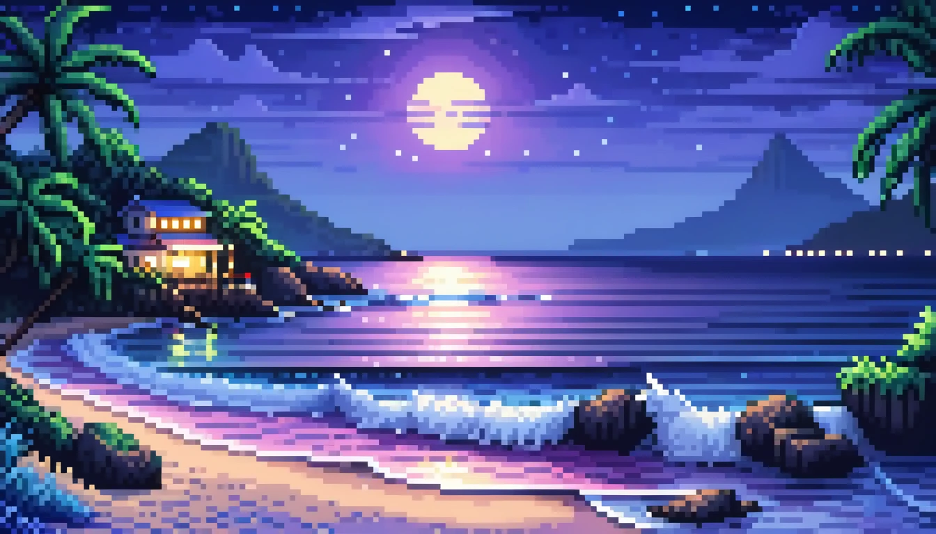 Pixel art, Seaside, scenery, landscape, photograph,Sea of night