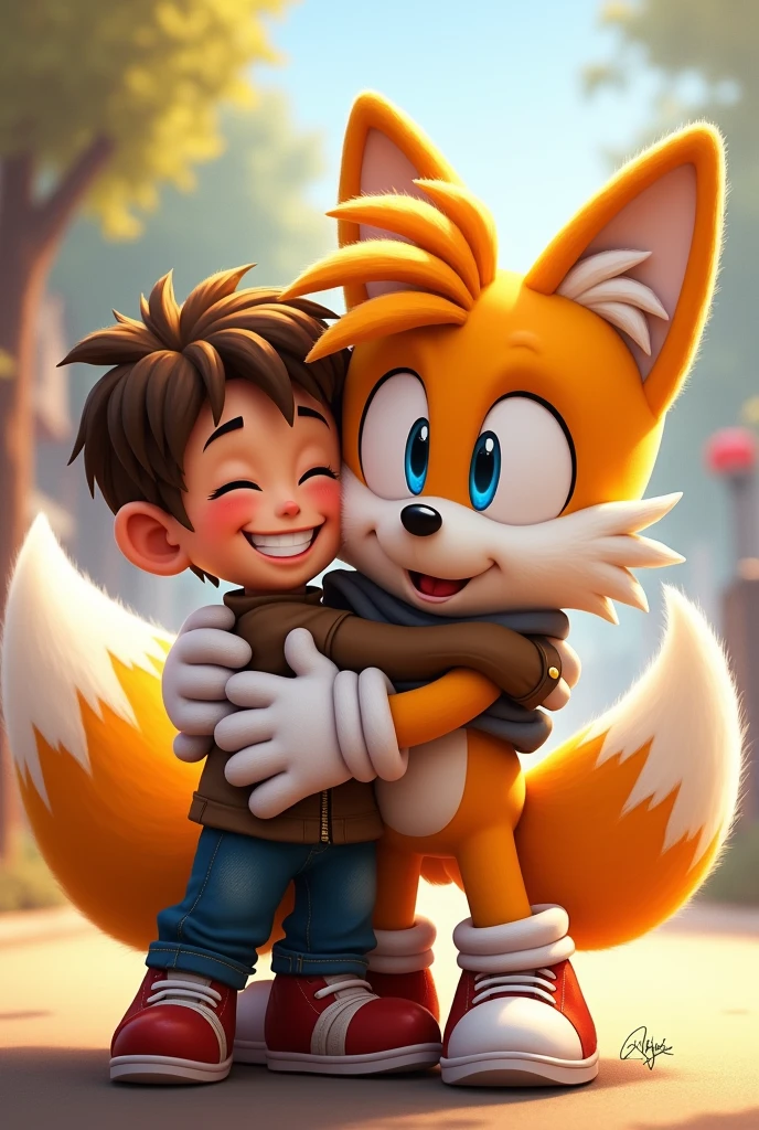 Tails happily hugging a younger boy with his shoes and gloves on