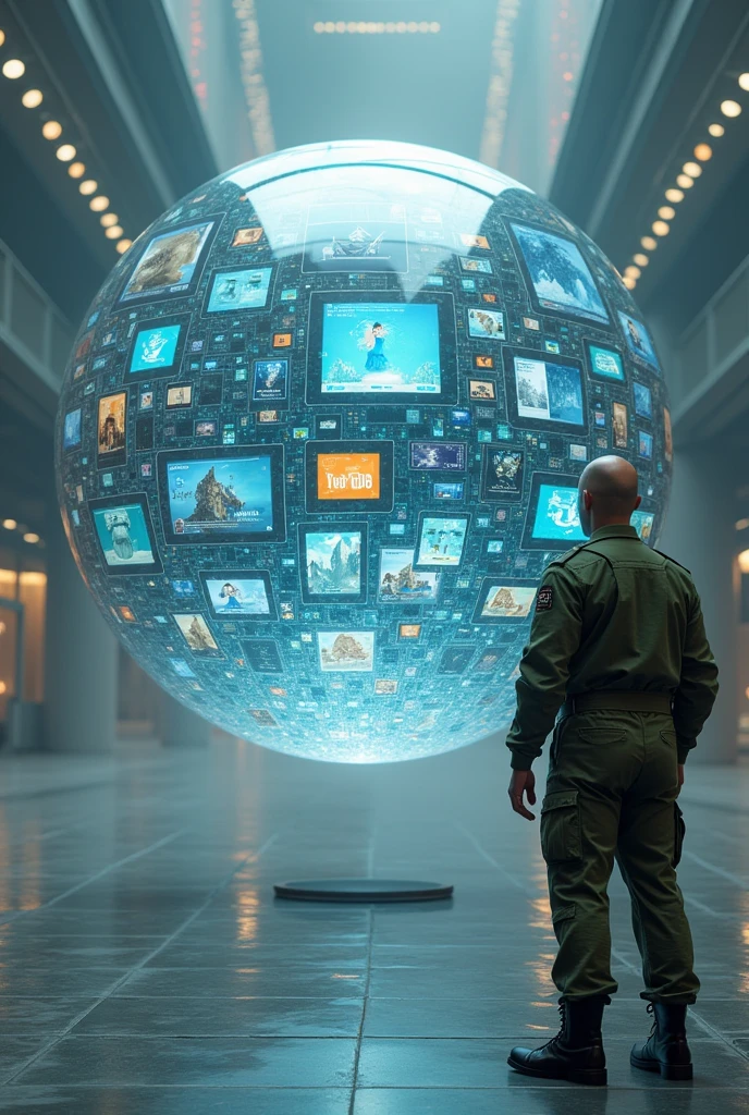 floating transparent sphere full of technological screens each with different images and social networks , and a bald man dressed in modern military green overalls on the side and outside of that sphere looking at her