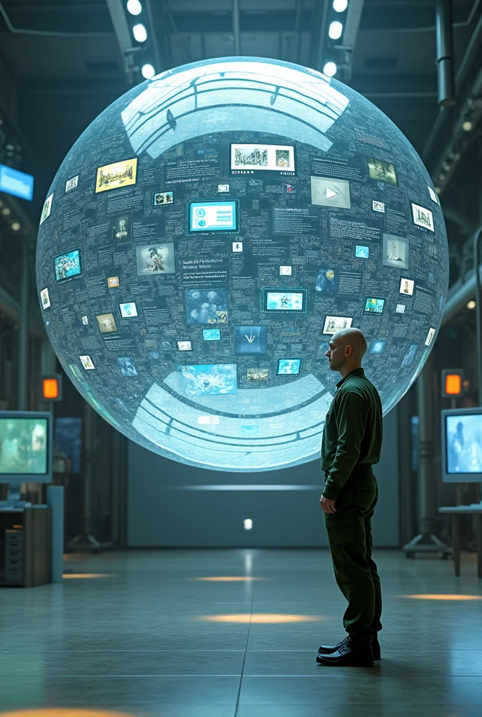 floating transparent sphere full of technological screens each with different images and social networks , and a bald man dressed in modern military green overalls on the side and outside of that sphere looking at her