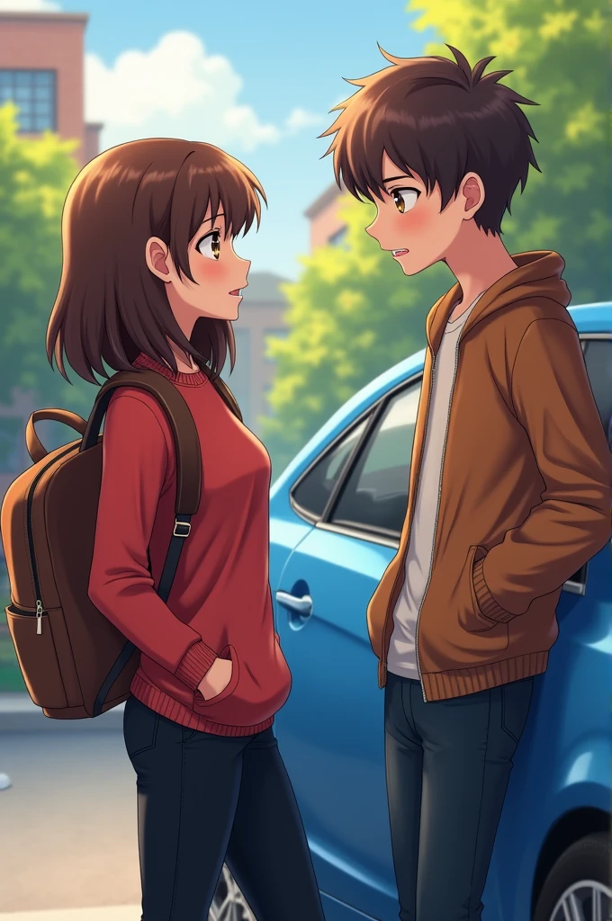 A girl with slightly long brown hair and brown eyes, of average height and with a brown backpack on his back, dressed in black jeans and a red long-sleeved sweater standing next to a blue car, with a slightly taller boy,with brown hair, and slightly disorganized leaning against the car saying something to the girl and in the background,a university residence with a campus