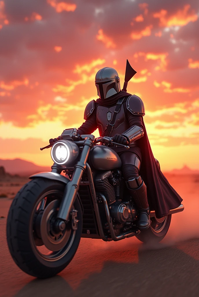 Mandalorian and Obi Wan Kenobi riding a motorcycle in a heavenly sunset, with a close up of his armor