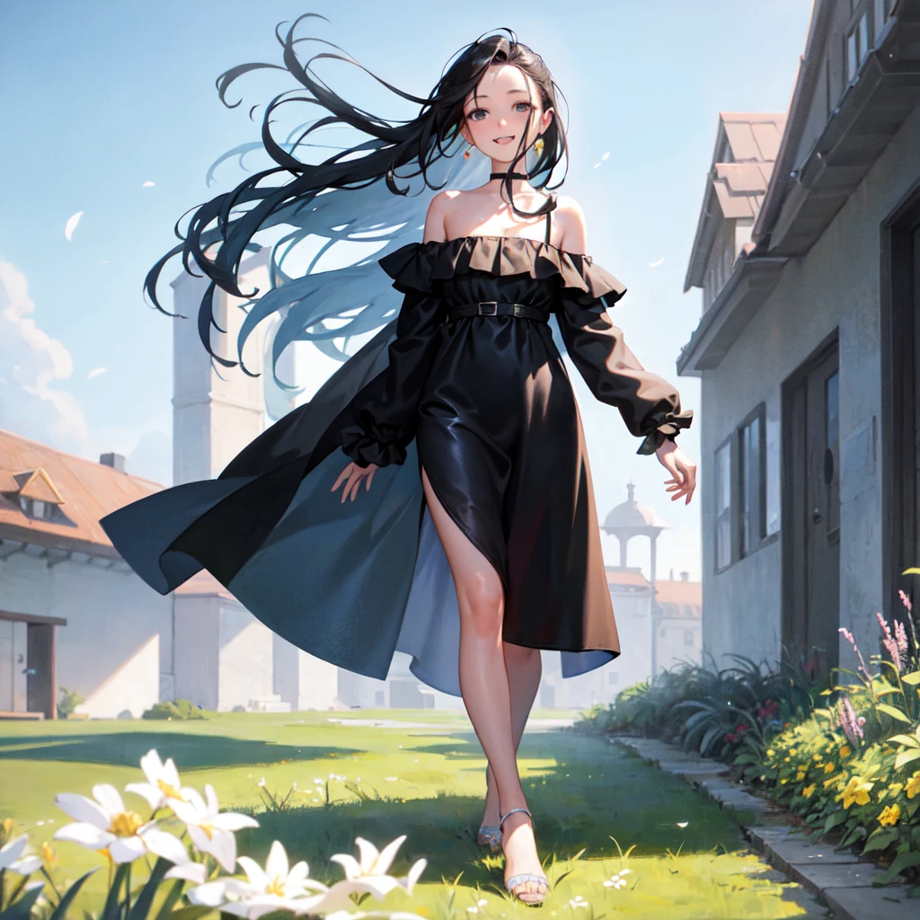 masterpiece, best quality, ultra-detailed,hyperrealistic,shiny skin,1girl,forehead,(plain forehead)+,black hair,long hair,black eyes,,(white dress,off shoulder summer dress)+,small breasts,dynamic angle,blowing in the wind,walking in the meadow,smile,fullbody shot,