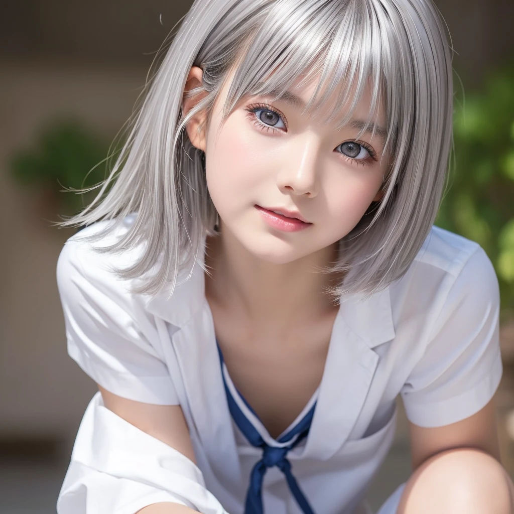 A portrait of a young girl in school uniform, with a bright expression, glowing white skin, glossy face, shimmering cheek gloss, small face, round face, best looks, bright silver hair with shimmering highlights, very beautiful glossy hair, (ultra short silver hair:1.5), beautiful shiny bangs drawing the eyes, shimmering clear alluring bright large pale blue eyes, very large eyes, downturned eyes, eyeliner, thin eyebrows, a very beautiful, lovely, and cute girl, perfect bust,masterpiece,photorealistic, 8k, high quality, masterpiece, realistic portrait