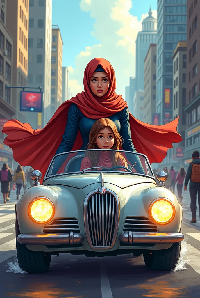 Hijab superhero driving for the daughter to school