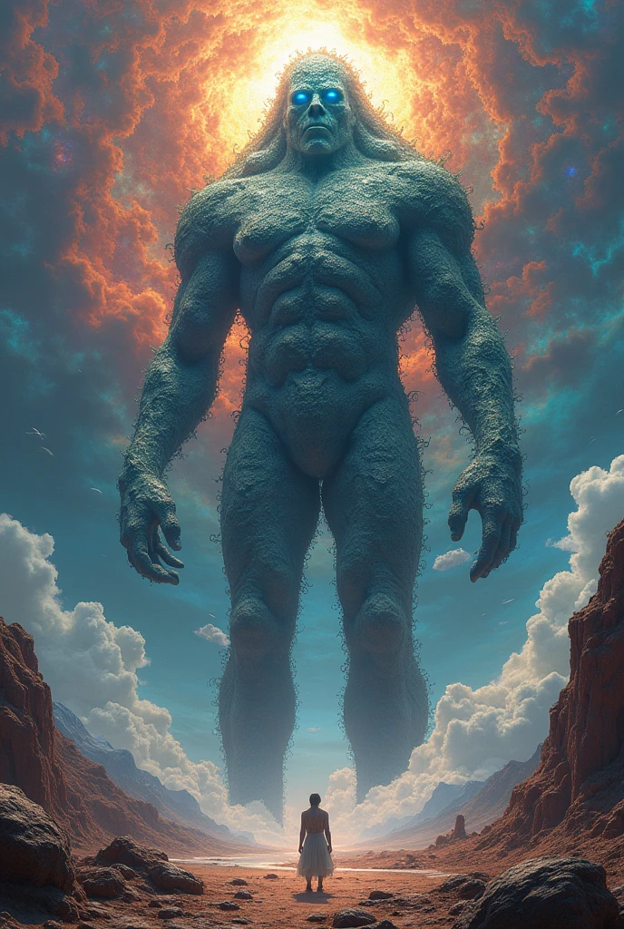 Giant monster looking down in an otherworldly landscape,Giant made of fractals, infinite fractal,Mandelbrot fractal, divine, Imposing humanoid figure, Massive,masiba scale, Looking down, standing, immense, apocalyptic, colorful, iridescent, masterpiece, 4k-resolution, intricate details, God,divine,superior entities made of fractals,impossible figure,unique geometry,(no humanos)