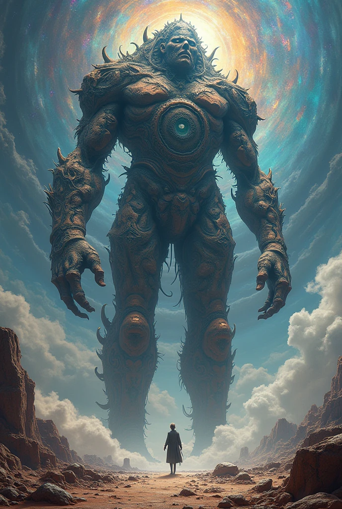 Giant monster looking down in an otherworldly landscape,Giant made of fractals, infinite fractal,Mandelbrot fractal, divine, Imposing humanoid figure, Massive,masiba scale, Looking down, standing, immense, apocalyptic, colorful, iridescent, masterpiece, 4k-resolution, intricate details, God,divine,superior entities made of fractals,impossible figure,unique geometry,(no humanos)
