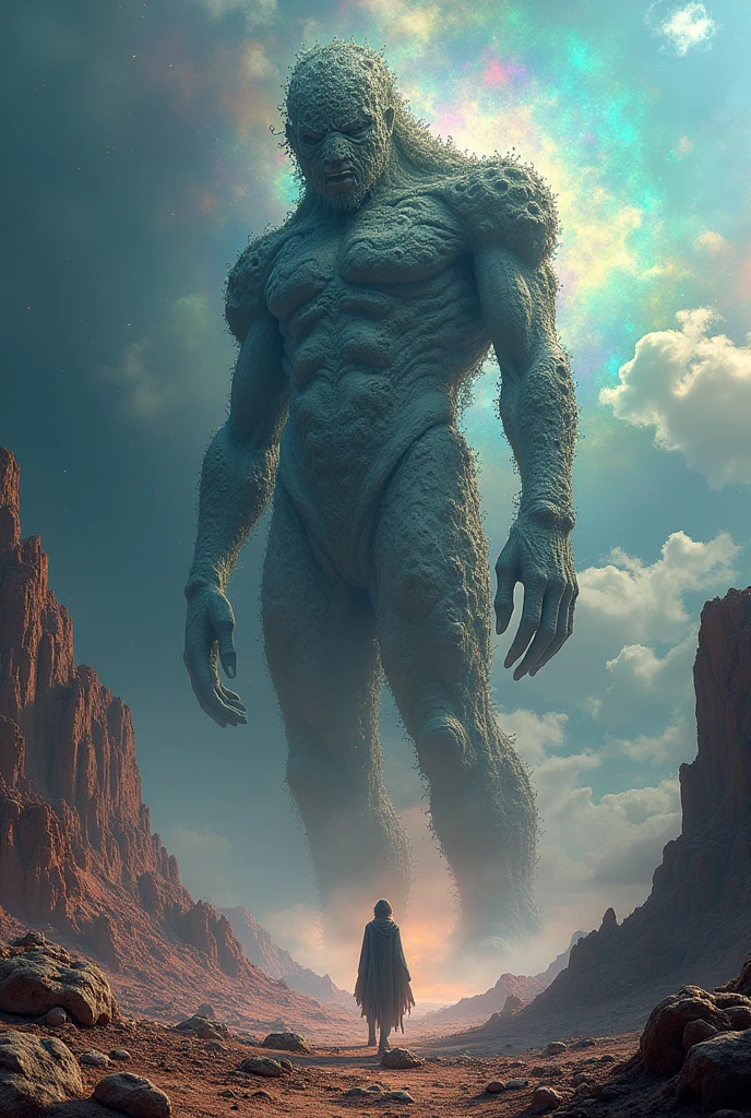 Giant monster looking down in an otherworldly landscape,Giant made of fractals, infinite fractal,Mandelbrot fractal, divine, Imposing humanoid figure, Massive,masiba scale, Looking down, standing, immense, apocalyptic, colorful, iridescent, masterpiece, 4k-resolution, intricate details, God,divine,superior entities made of fractals,impossible figure,unique geometry,(no humanos)