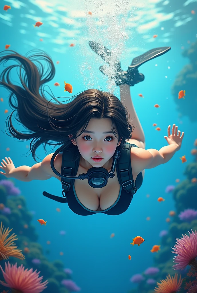 "I am an asian ,**"I am diving at the bottom of the sea with diving gear in mouthand looking at the camera, surrounded by beautiful fish."**
More human look and long hair
Full picture