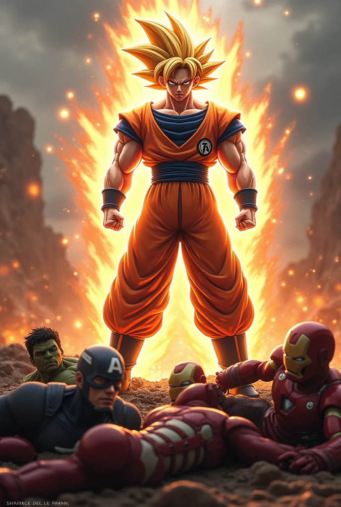 hình ảnh thực tế, Goku Ultra Instinct fights the Avengers, Goku chiến thắng, (thor) (the hulk) (iron man) (captain america) all lie at Goku's feet.