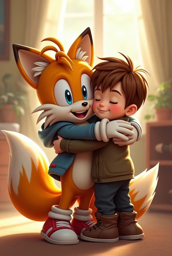  Tails happily hugging a boy with his shoes and gloves on caring about him