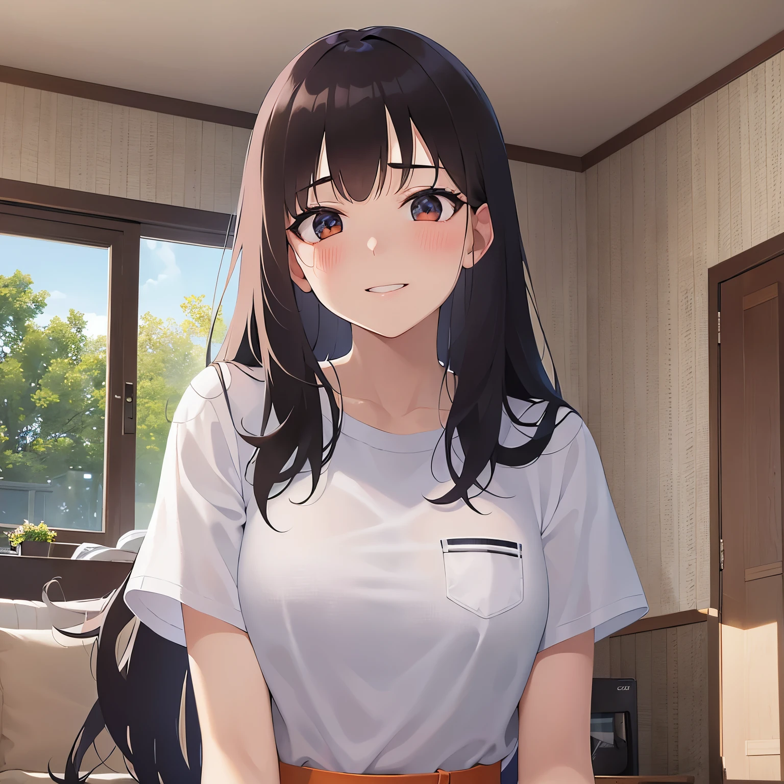 Upper Body, Realistic, real person, (pale skin: 1.2), RAW photo, photorealistic, shiny skin, shiny hair、(A 2 woman with medium-length hair and bangs) and (wavy hair) and (brown hair) and (orange eyes) , White T-shirt 、Red Apron、smile, (blush:1.5), The background is the living room、Alone、Are standing