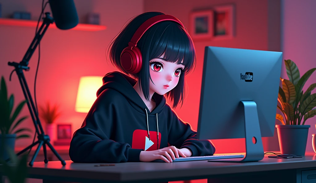Create a image of "A 18 years anime girl with headphones sitting in front of a computer desk with a microphone, wearing black and red hoodie. The background includes a large YouTube logo on the wall, potted plants on either side, and various recording equipment."