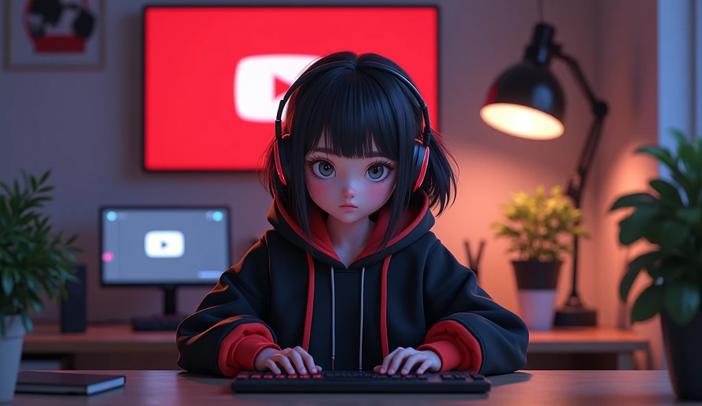 Create a image of "A 18 years anime girl with headphones sitting in front of a computer desk with a microphone, wearing black and red hoodie. The background includes a large YouTube logo on the wall, potted plants on either side, and various recording equipment."