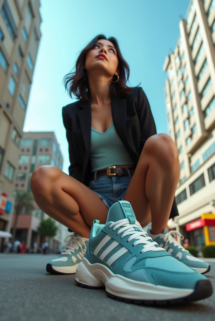 (Depth of Field Blur: 1.5), (City in the background), Best Quality, Masterpiece, Ccurate, Super Detail, Award-Awarded, Textured Skin, Retina, Anatomically Correct, High Detail, UHD, High Quality, High Resolution, 16k, Imagine a dynamic product poster that showcases a pair of sneakers in an engaging way. On the poster, a young Korean idol girl who exudes fashion and style, shoots from a low angle and looks up. She is outside in an urban environment with a blurred background that focuses the viewer's attention on the shoes. Shoes should be highlighted in the foreground, paying special attention to their design and texture. Posters should feel energized and stimulated, with an implicit sense of movement, making the viewer want to try on shoes and experience the thrill of the event. The image should be stylish, modern, bold, and convey confidence and vitality. Overall, posters should be eye-catching and memorable to appeal to young trendy buyers looking for the perfect combination of fashion and functionality.