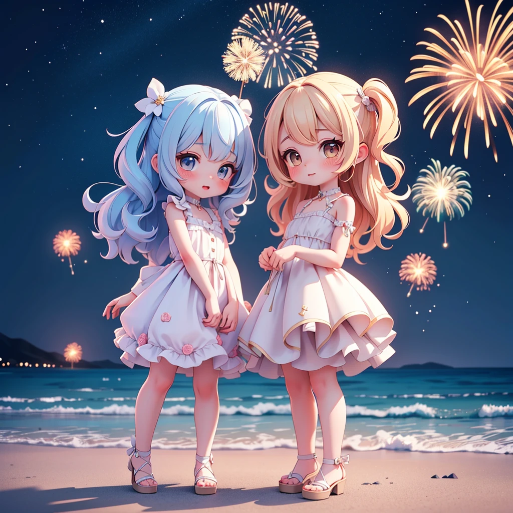 ((petite cute 2girls)), ((cute face)), ((puffy eyes)), ((masterpiece)), ((best quality)), ((ultra detailed)), ((exquisite)), ((depth)), ((crisp)), ((8k)), ((beautiful and aesthetic)), ((super detailed skin)), ((high standard)), ((highres)), (perfect anatomy), (blush), (lipstick), (full body), (nostalgic scenery), (sandy beach, night), (emotional), (strapslip), (hand held fireworks)