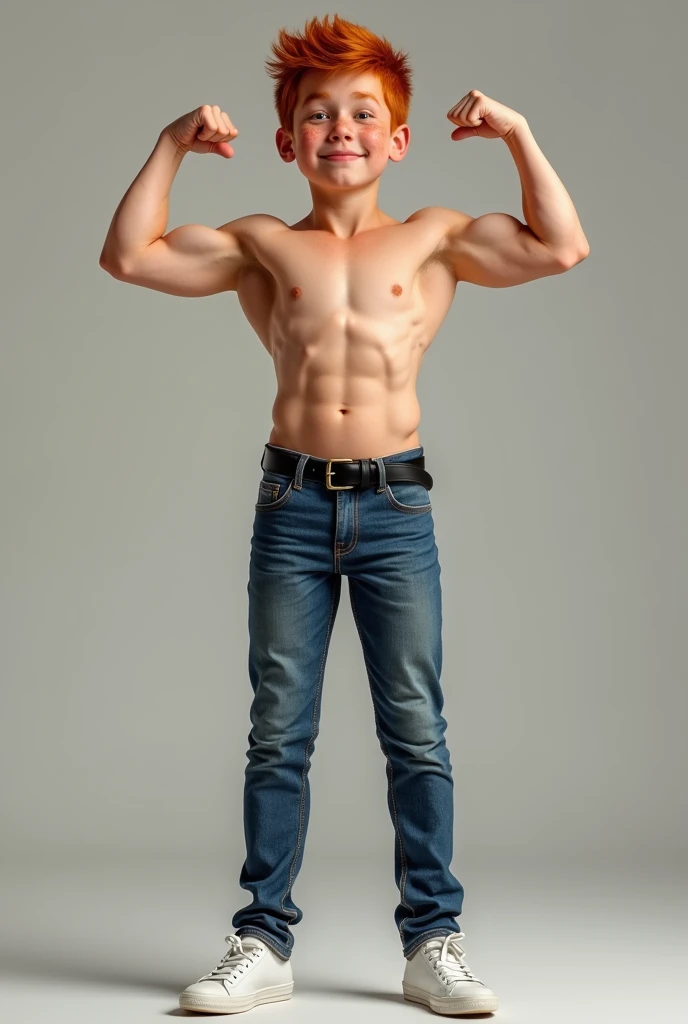 Realistic muscular white boy flexing muscles with red hair freckles shirtless wearing very tight jeans black leather belt tight around waist tennis shoes.