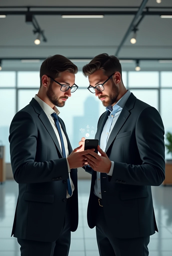Men looking at camera and showing his phone screen
